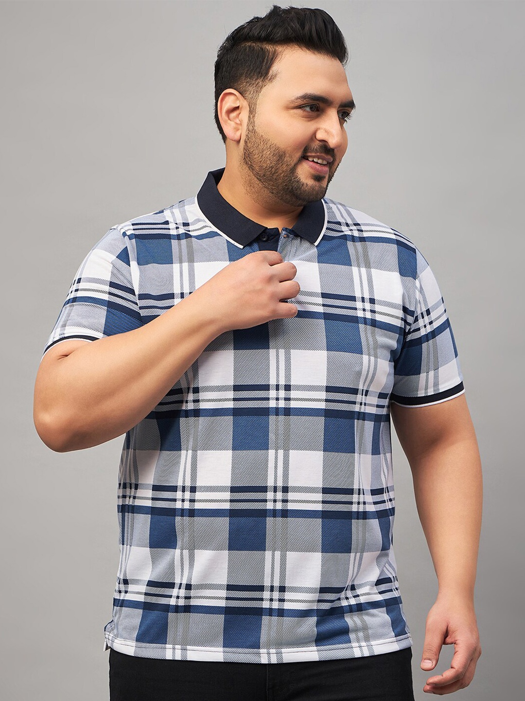 

AUSTIVO Plus Size Checked Polo Collar Cotton T-shirt, Blue
