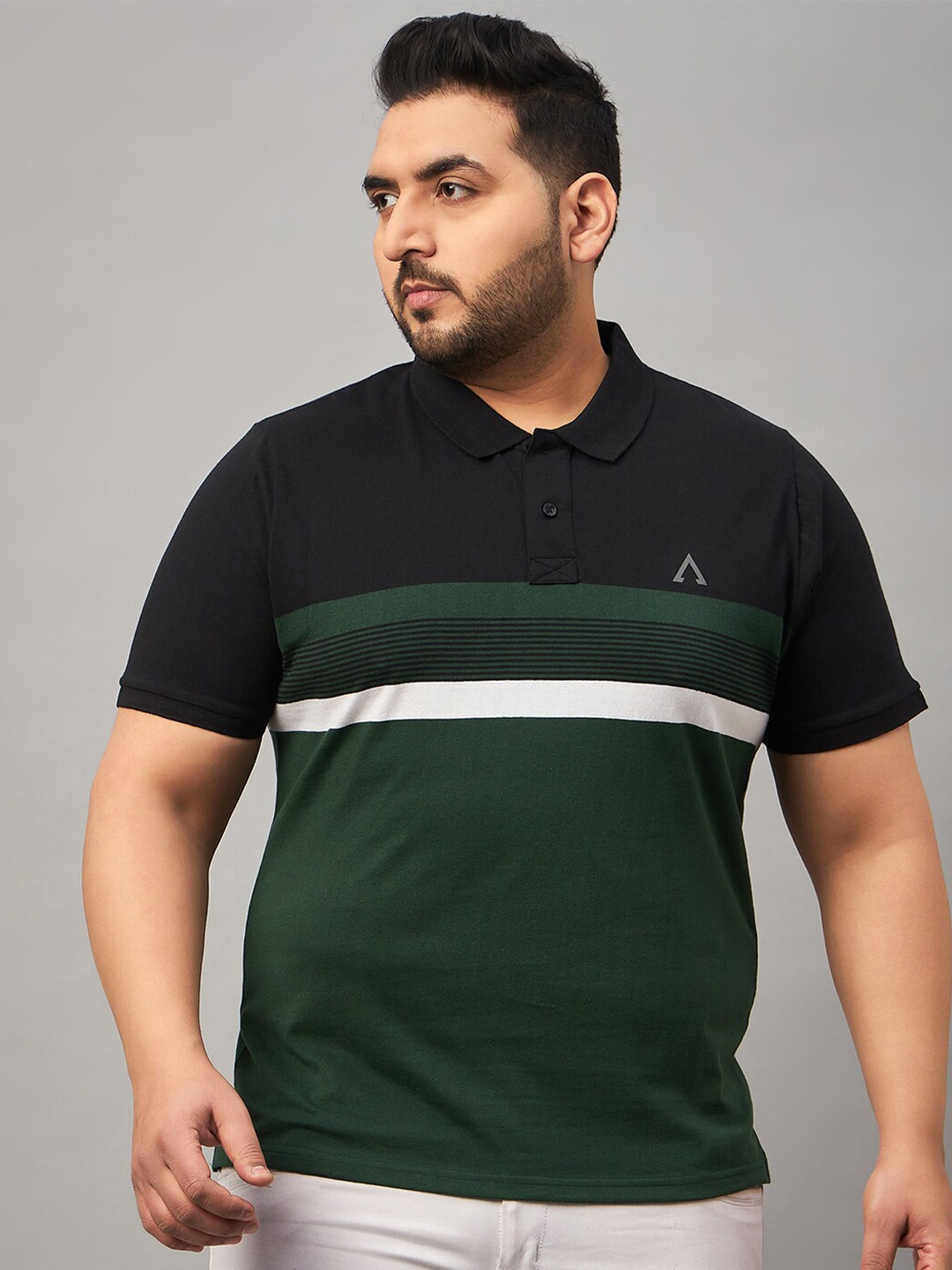 

AUSTIVO Plus Size Striped Polo Collar Cotton T-shirt, Black