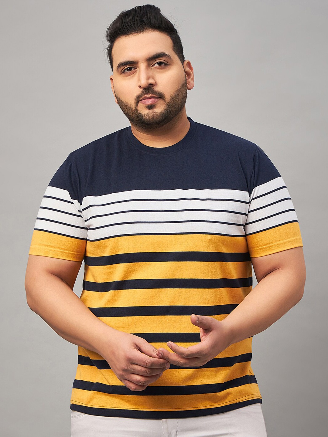 

AUSTIVO Plus Size Striped Cotton T-shirt, Mustard