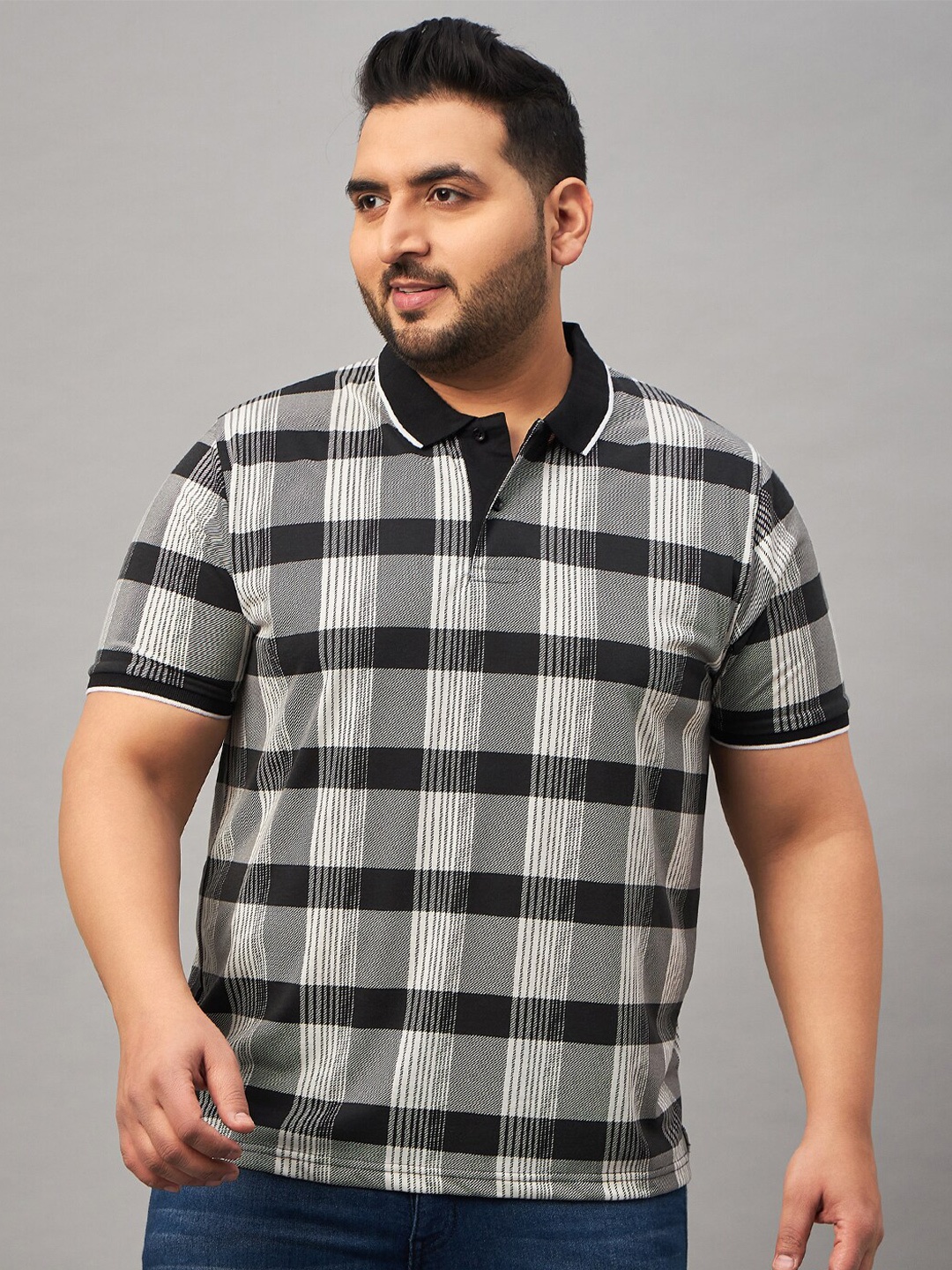 

AUSTIVO Plus Size Checked Polo Collar Cotton T-shirt, Grey