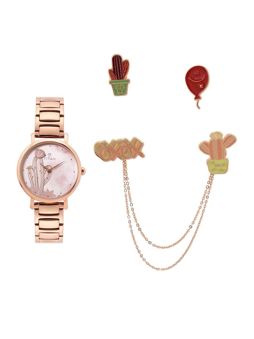 

Titan Women Floral Printed Analogue Watch with Set of 4 Brooches, Rose gold