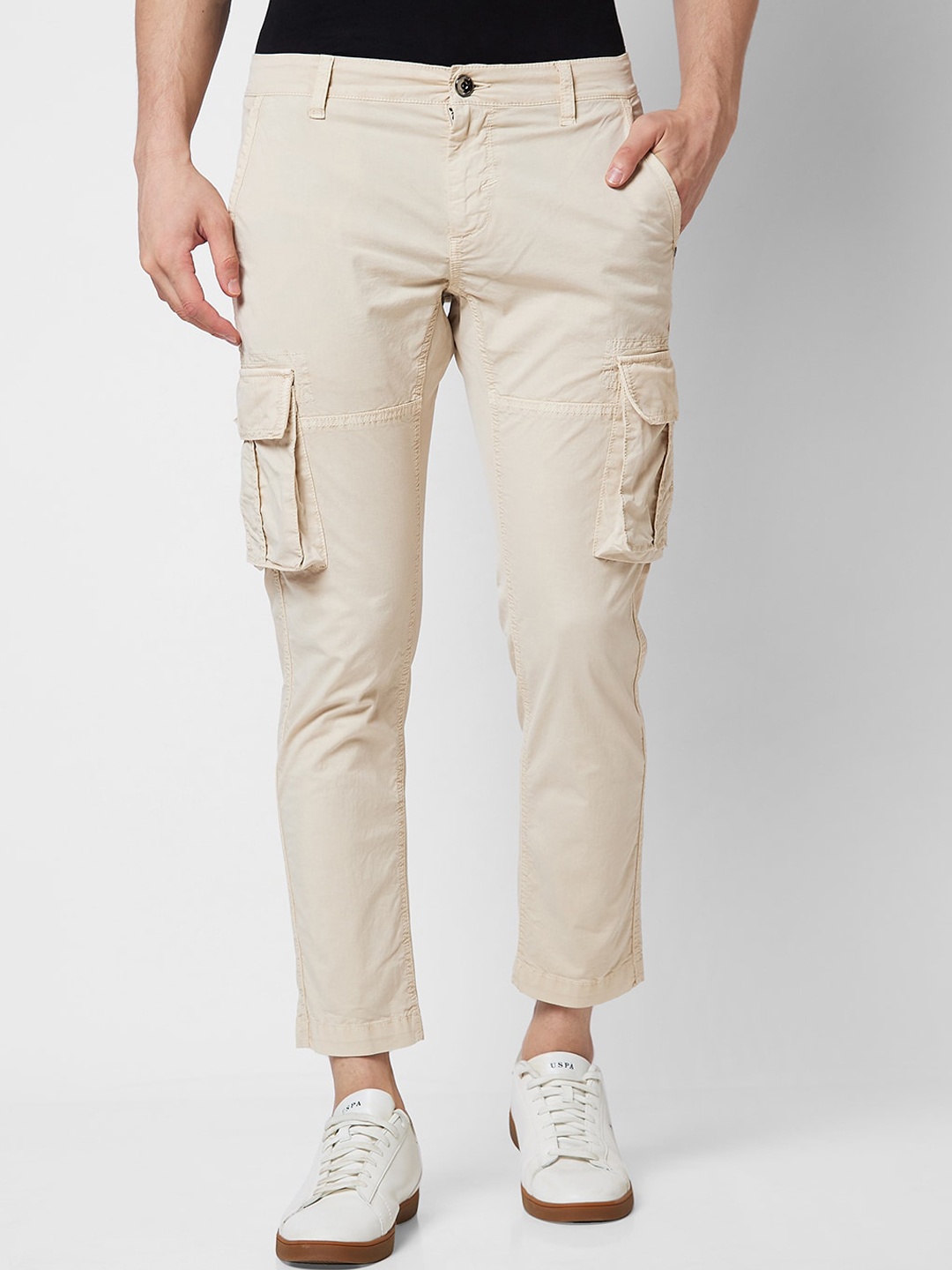 

SPYKAR Men Mid Rise Regular Fit Cargos Cotton Trousers, Beige