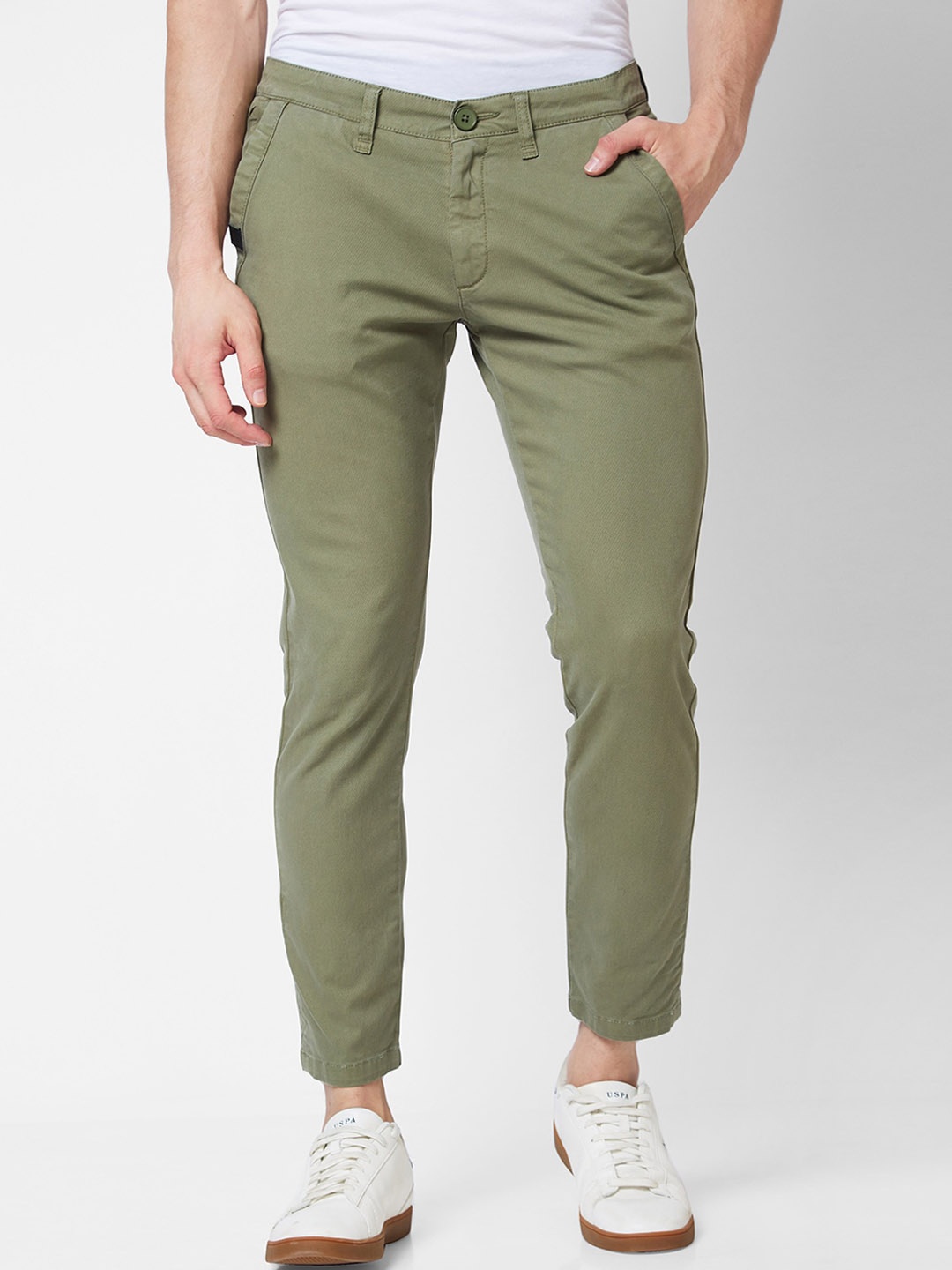 

SPYKAR Slim Fit Mid-Rise Cotton Chinos Trousers, Green