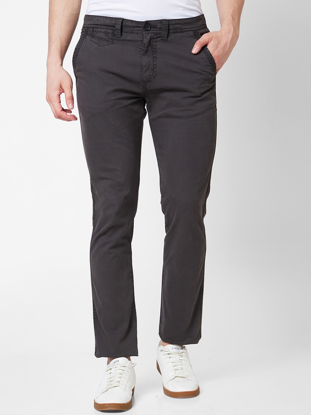 

SPYKAR Men Slim Fit Mid Rise Cotton Trousers, Grey