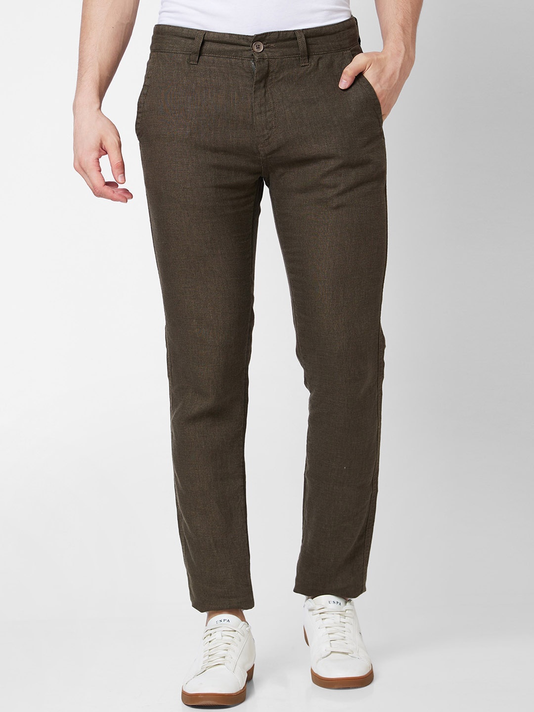 

SPYKAR Men Mid Rise Linen Regular Fit Chinos Trousers, Green