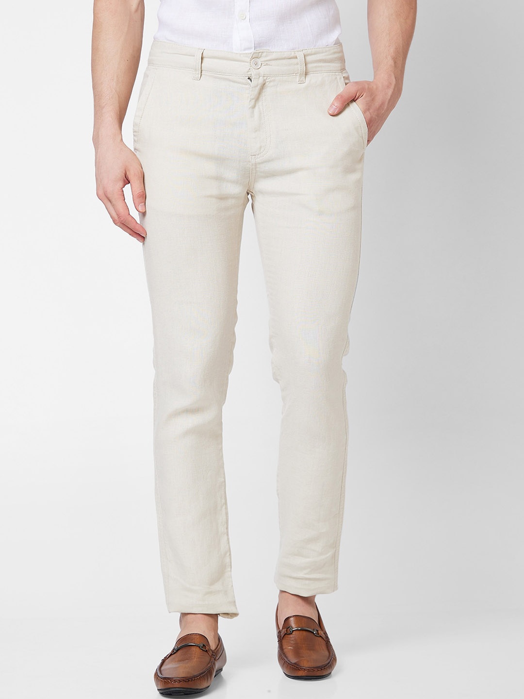 

SPYKAR Men Mid-Rise Linen Regular Trouser, Beige