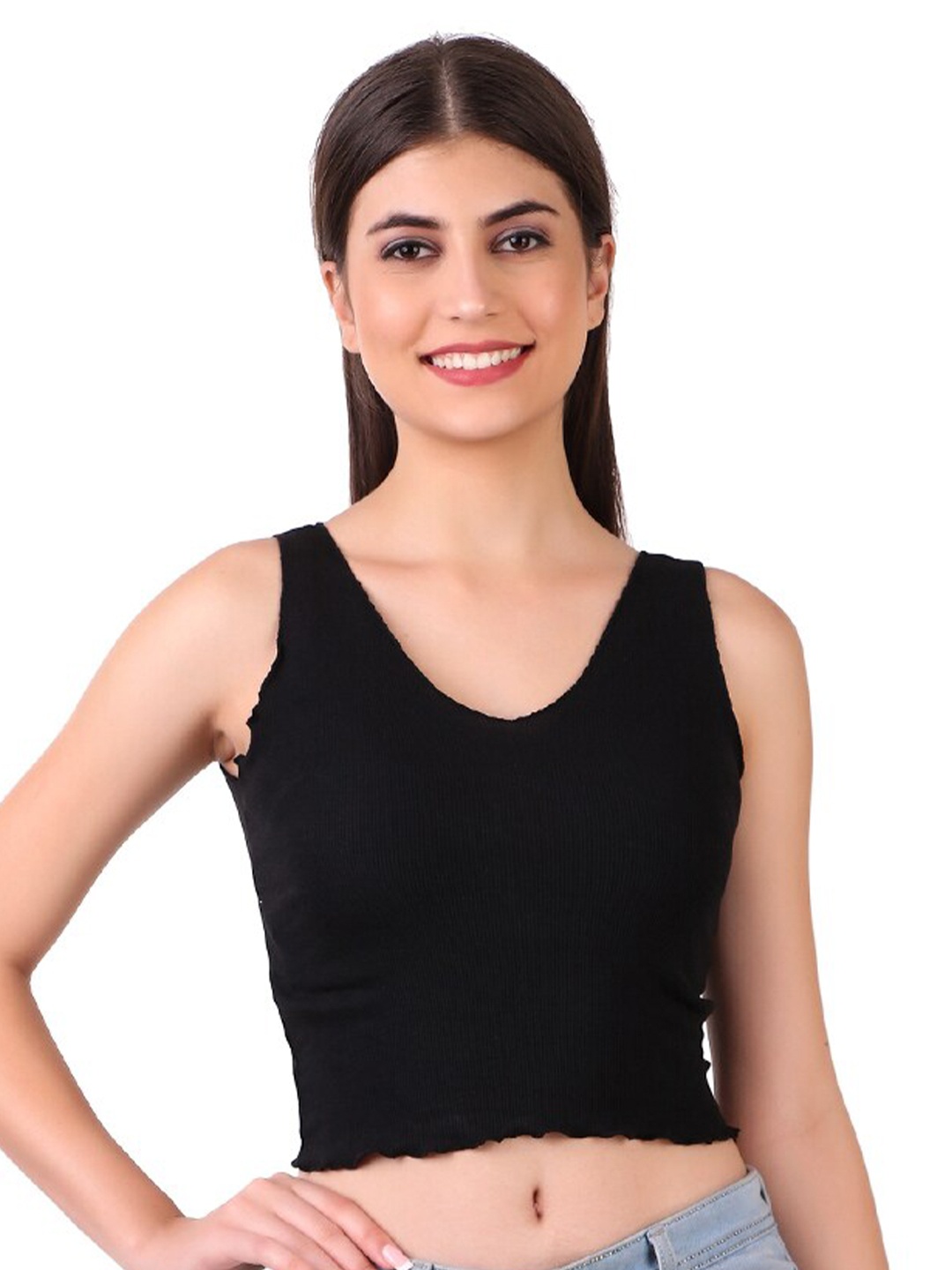 

BAESD V-Neck Sleeveless Opaque Fitted Crop Top, Black