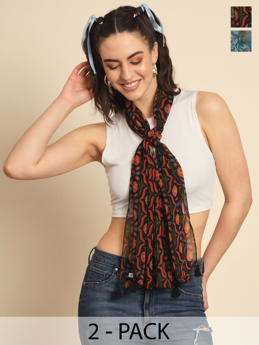 

Trend Arrest Women Pack Of 2 Printed Scarves, Black