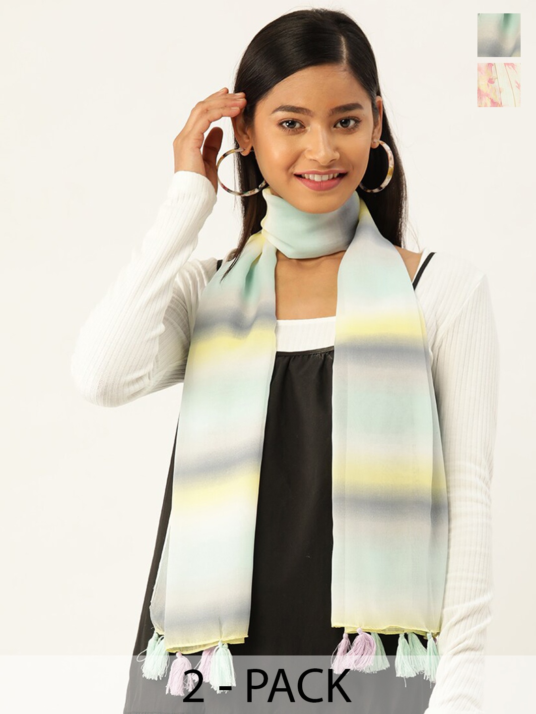 

Trend Arrest Pack Of 2 Printed Tasselled Scarfs, White