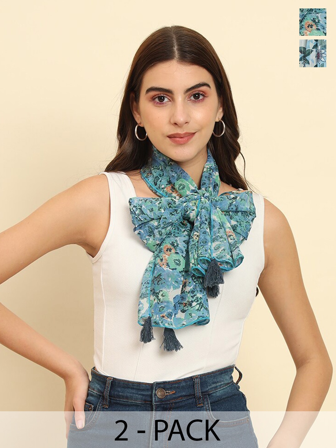 

Trend Arrest Pack Of 2 Floral Printed Tasselled Scarves, Green