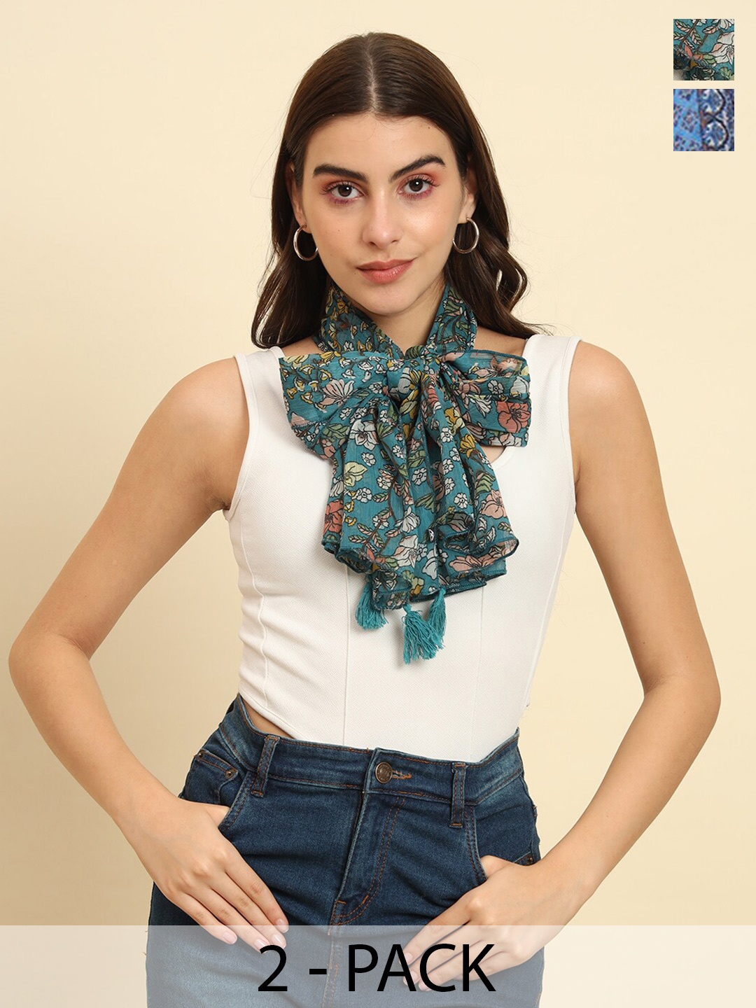 

Trend Arrest Pack Of 2 Floral Printed Tasselled Scarves, Blue