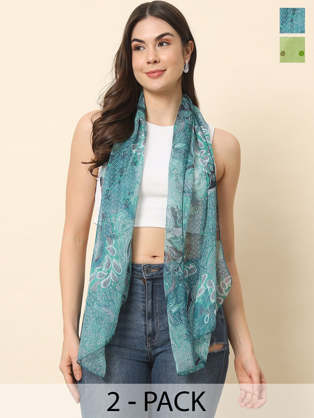 

Trend Arrest Pack Of 2 Floral Printed Scarves, Green