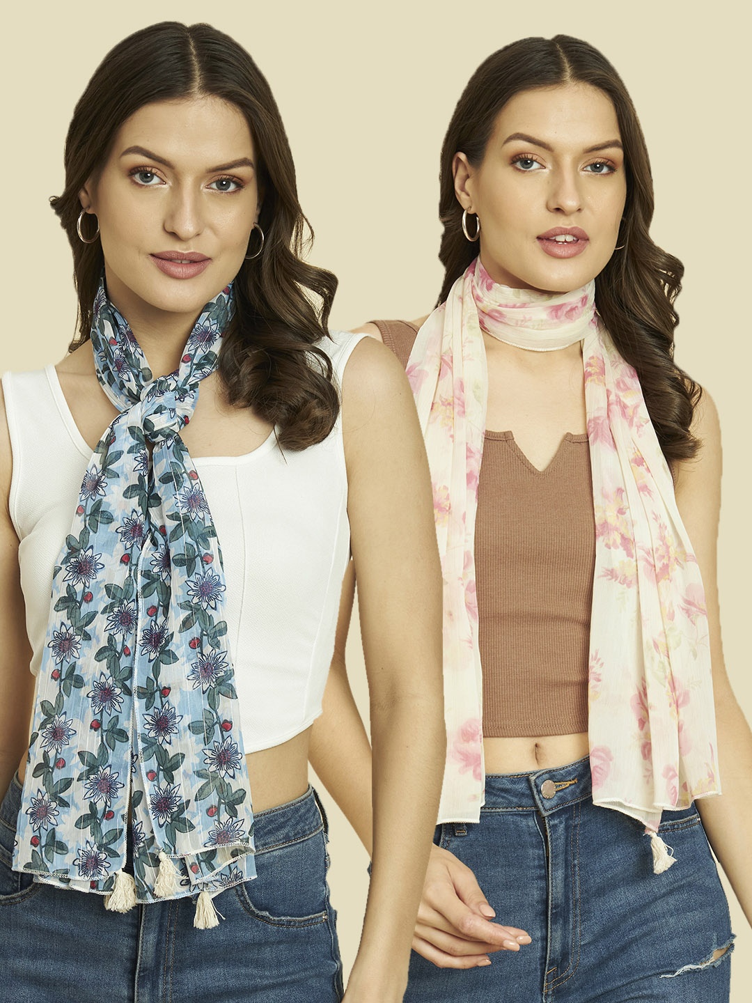 

Trend Arrest Pack Of 2 Floral Printed Tasselled Scarves, Blue