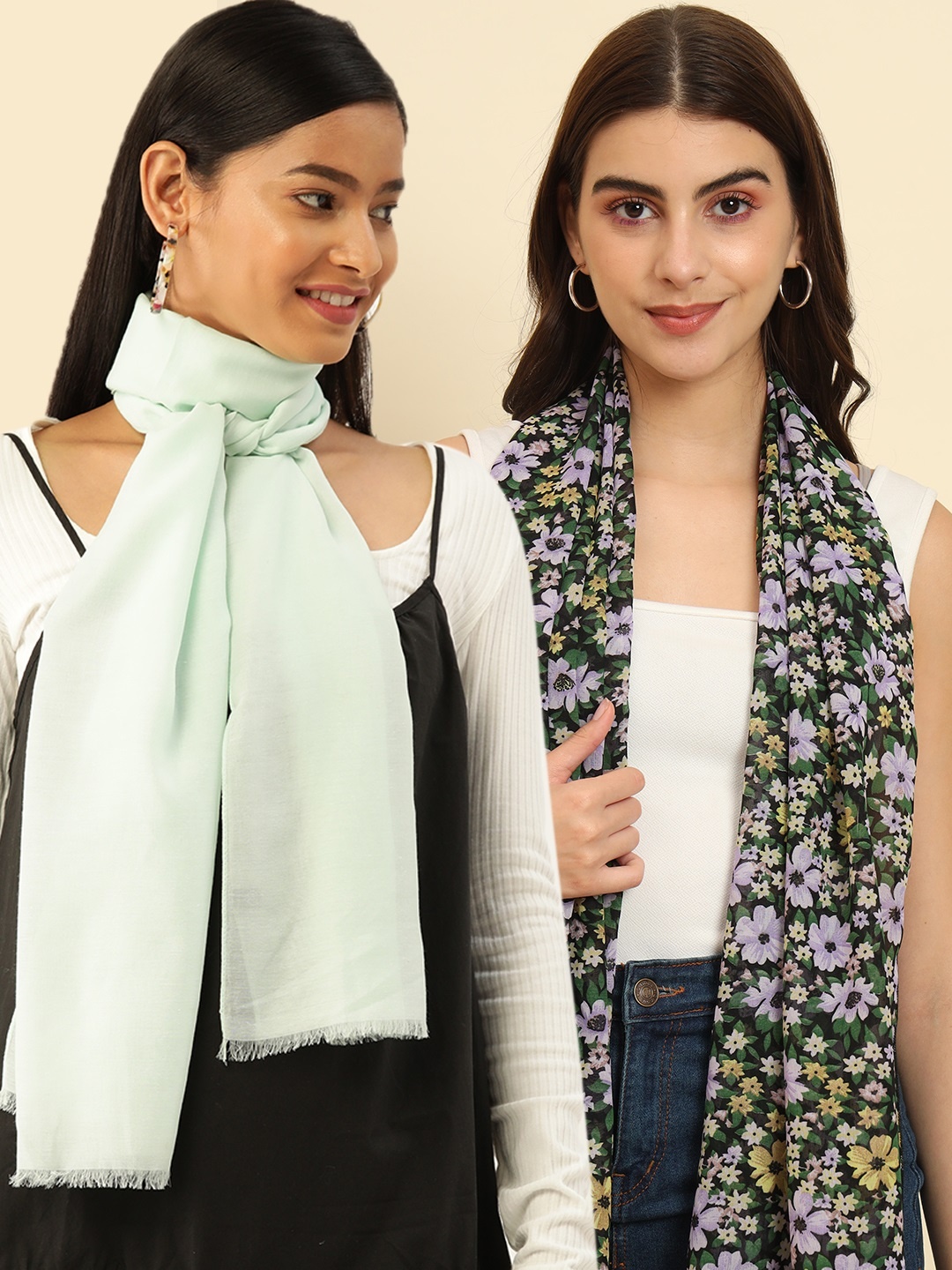 

Trend Arrest Pack Of 2 Floral Printed Tasselled Scarves, Black