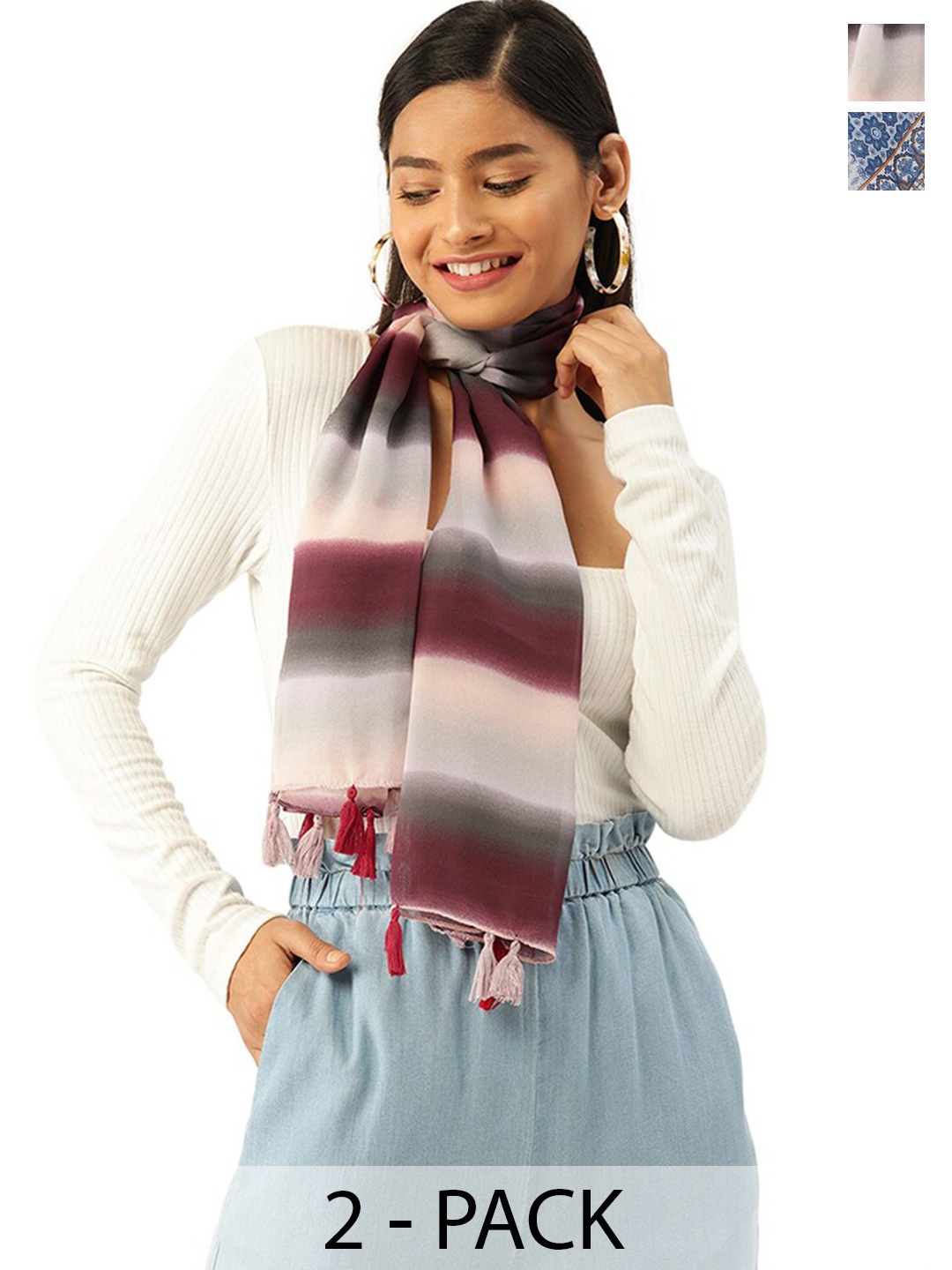 

Trend Arrest Pack Of 2 Floral Printed Tasselled Scarves, Blue