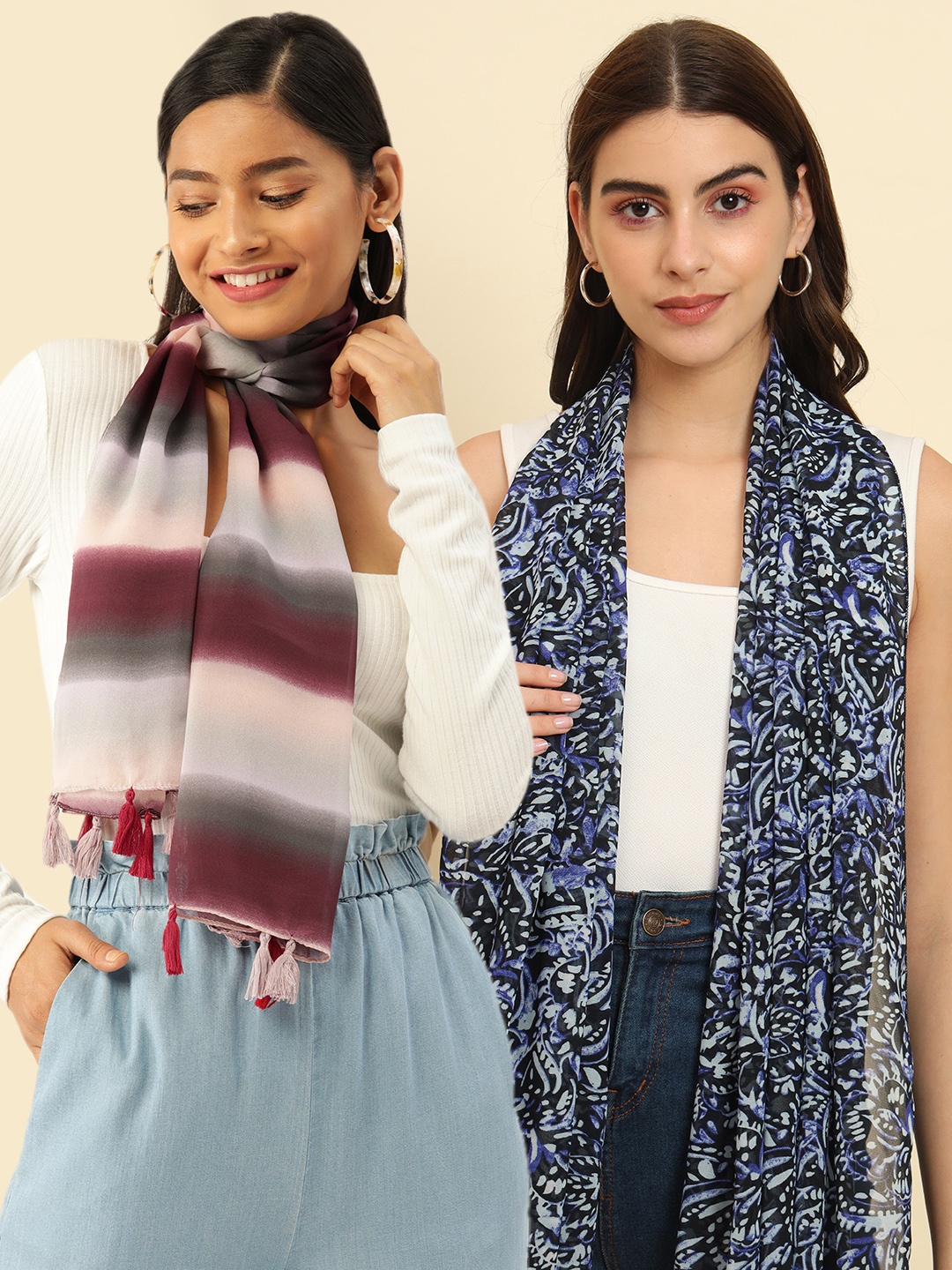 

Trend Arrest Pack Of 2 Printed Tasselled Scarfs, Black