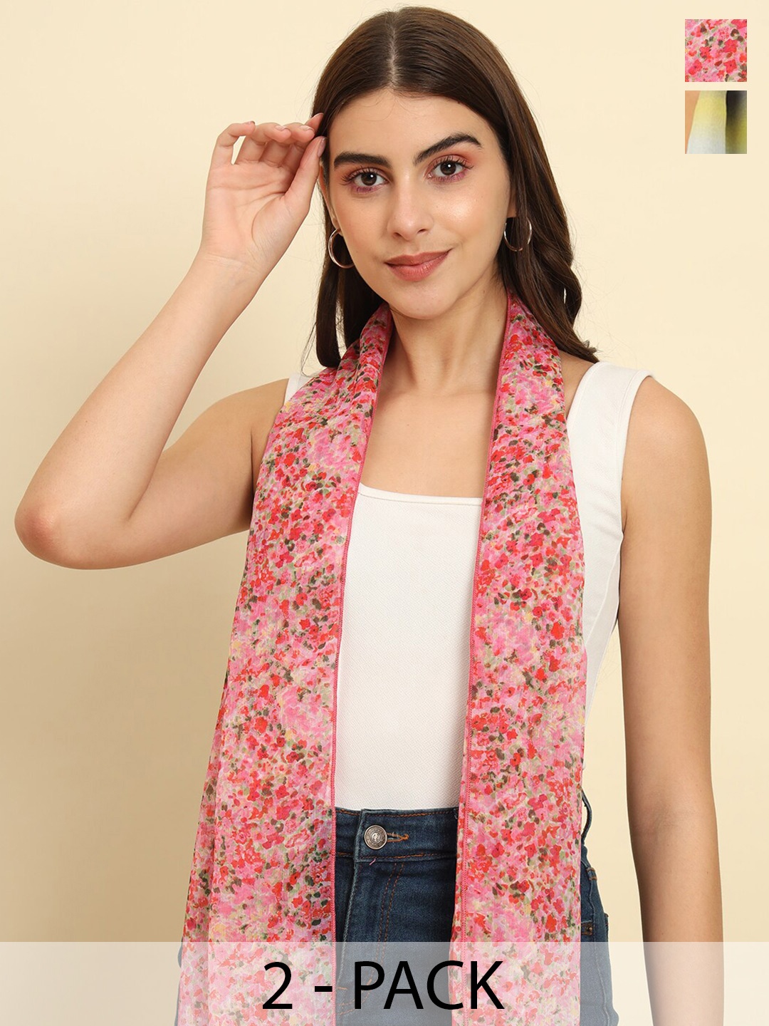 

Trend Arrest Pack Of 2 Printed Tasselled Scarfs, Pink