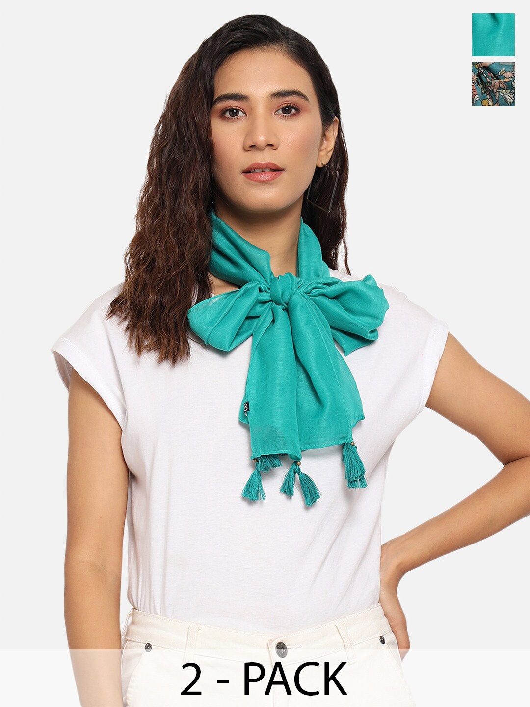 

Trend Arrest Pack Of 2 Printed Tasselled Scarfs, Green