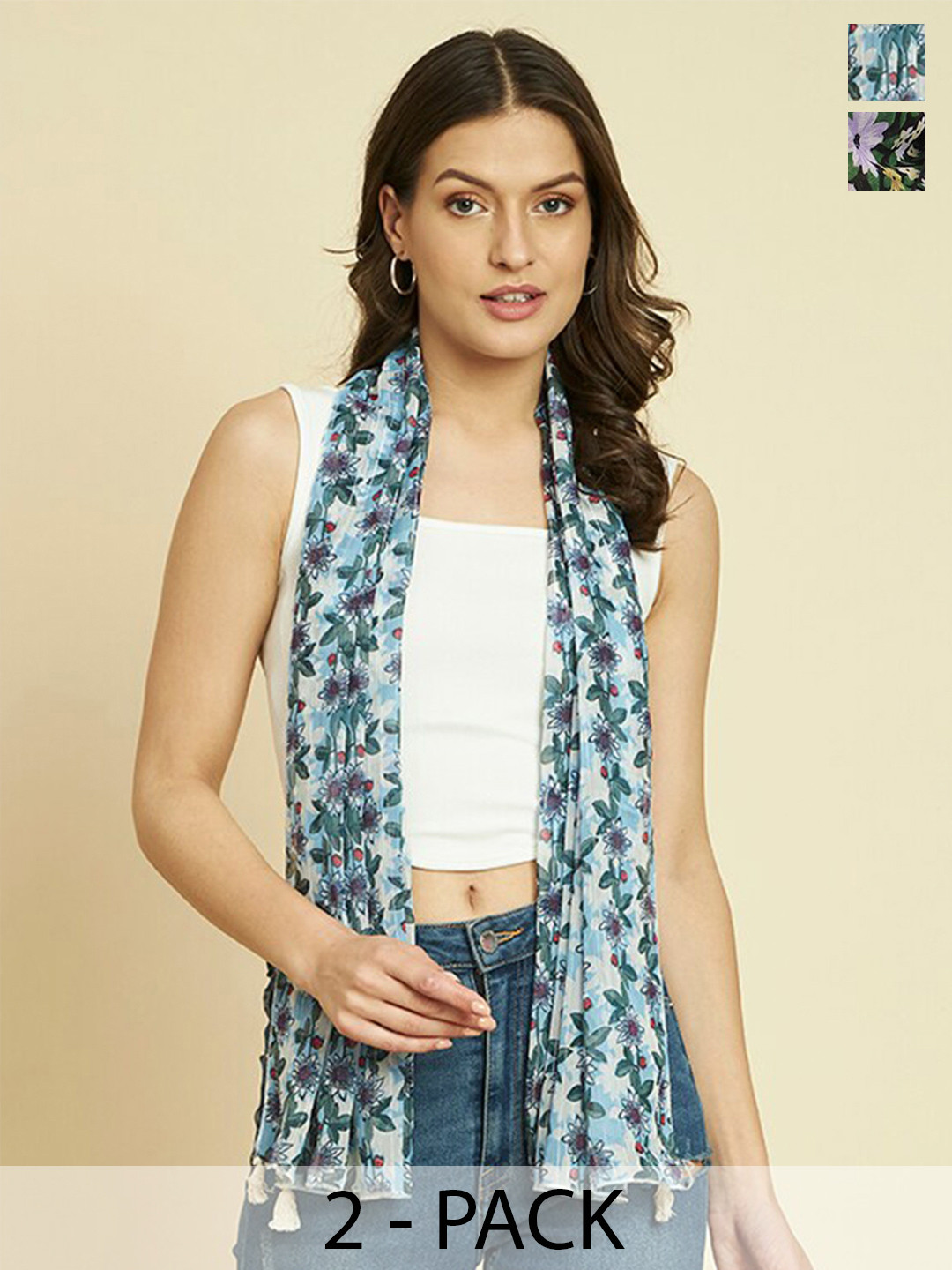 

Trend Arrest Pack Of 2 Floral Printed Scarf, Black