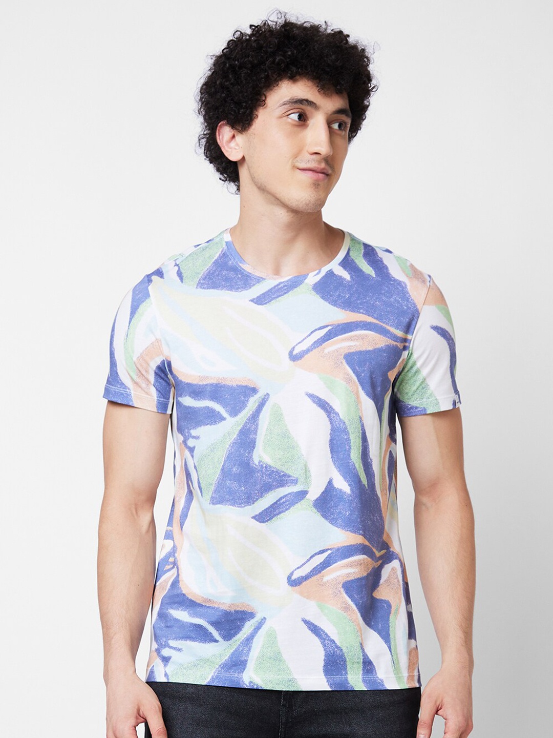 

SPYKAR Abstract Printed Round Neck Cotton Slim Fit T-shirt, Blue