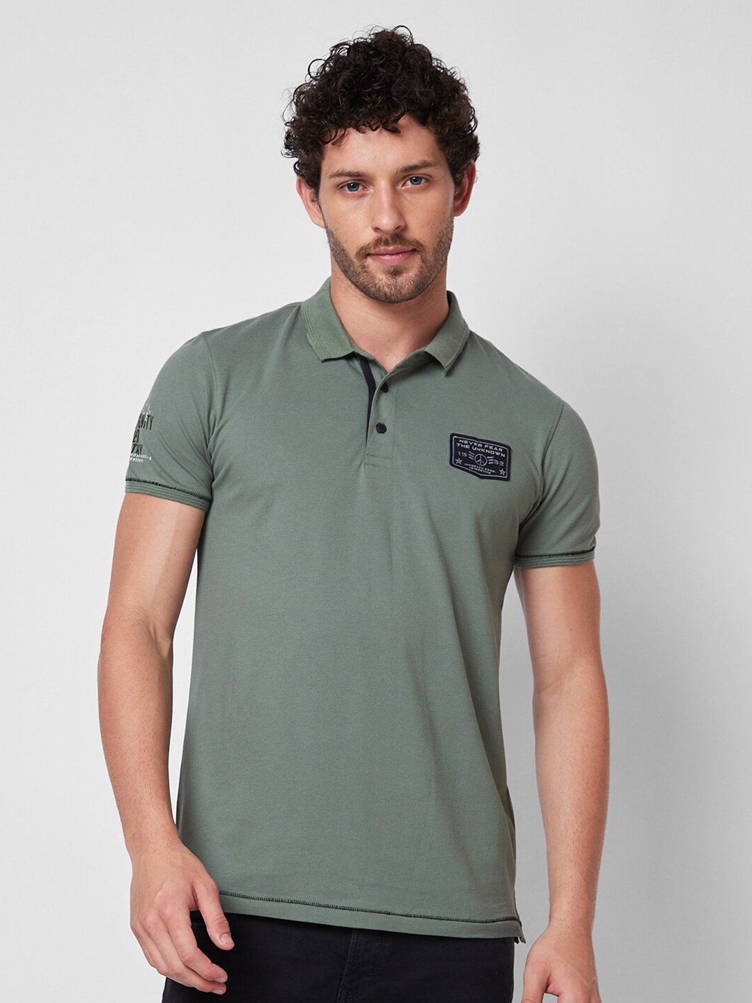 

SPYKAR Polo Collar Applique Cotton Slim Fit T-shirt, Green