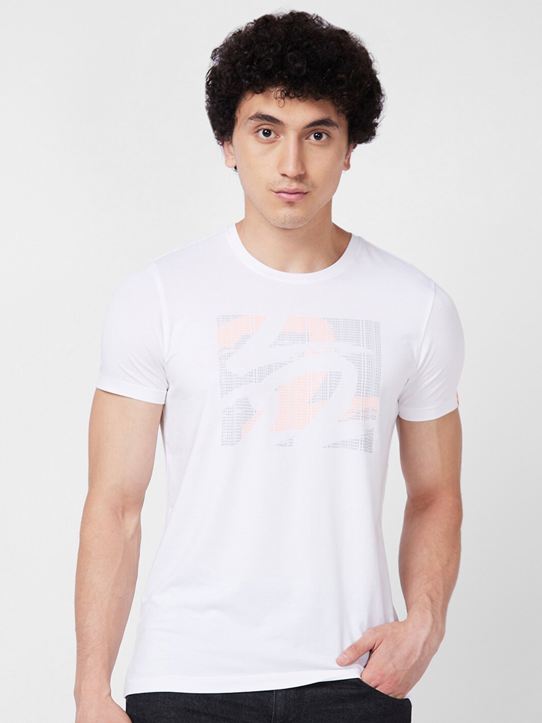SPYKAR Graphic Printed Round Neck Slim Fit T-shirt, White
