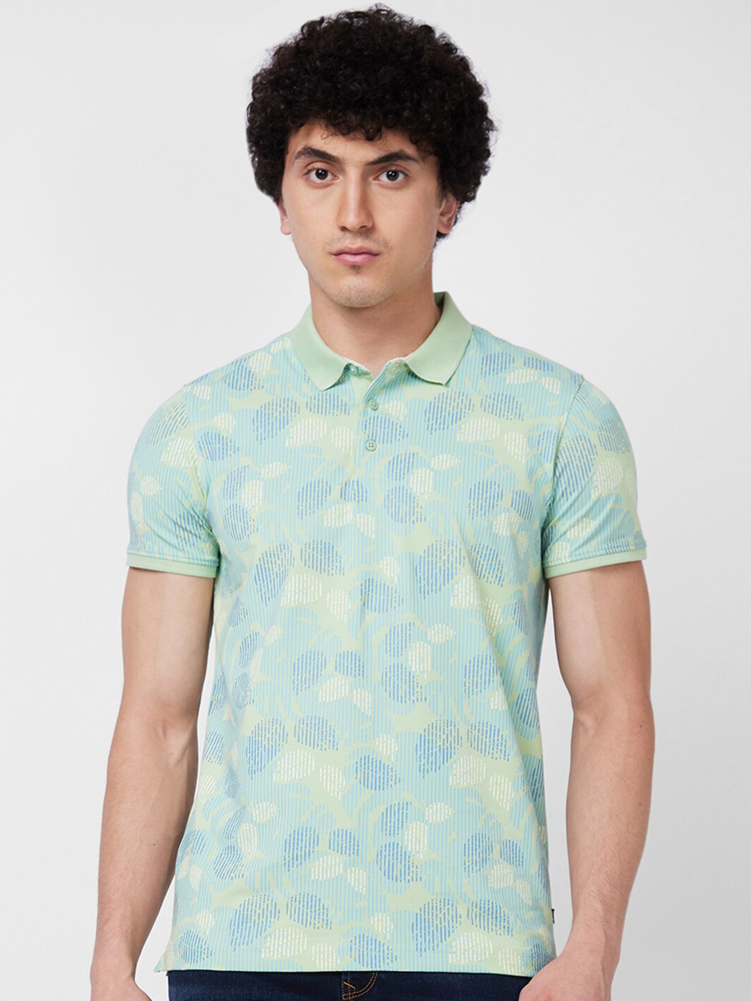 

SPYKAR Floral Printed Polo Collar Slim Fit T-shirt, Green