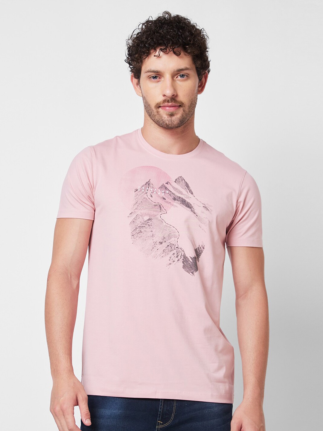 

SPYKAR Round Neck Short Sleeves Printed Slim Fit Cotton T-shirt, Pink