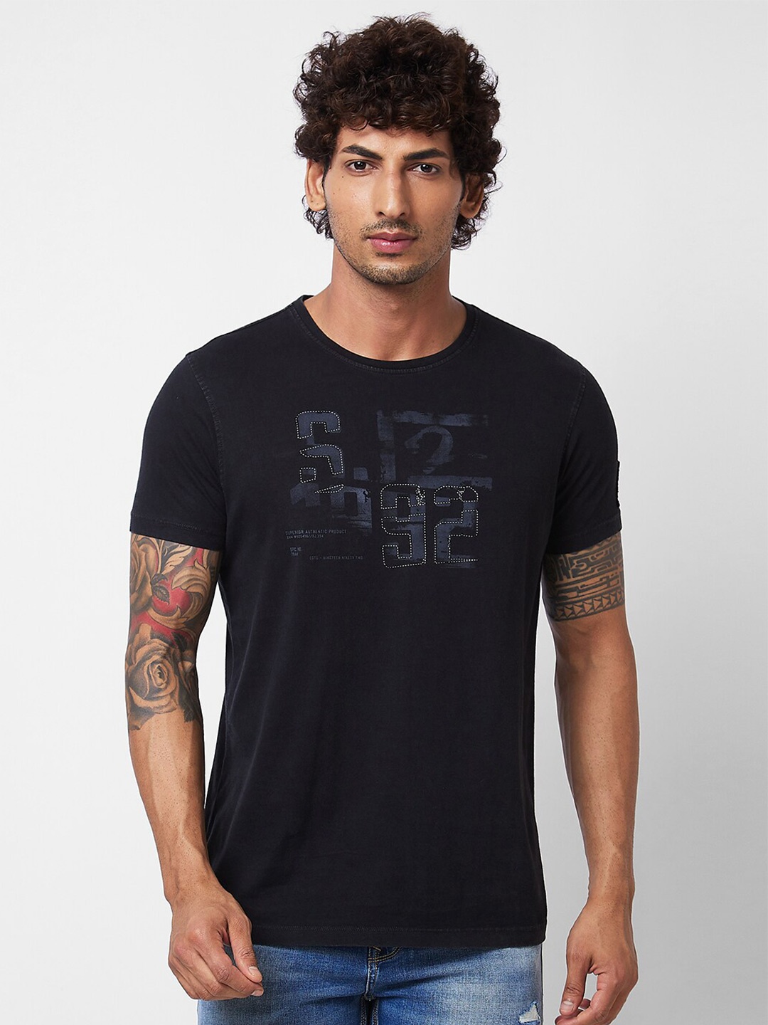 

SPYKAR Typography Printed Cotton Slim Fit T-shirt, Black