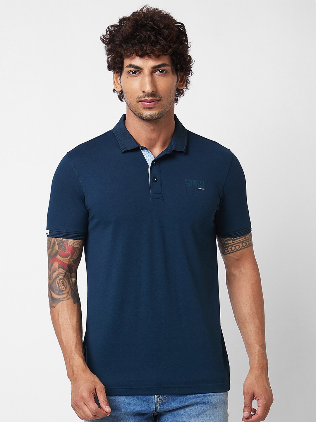 

SPYKAR Polo Collar Short Sleeves Slim Fit Cotton T-shirt, Blue