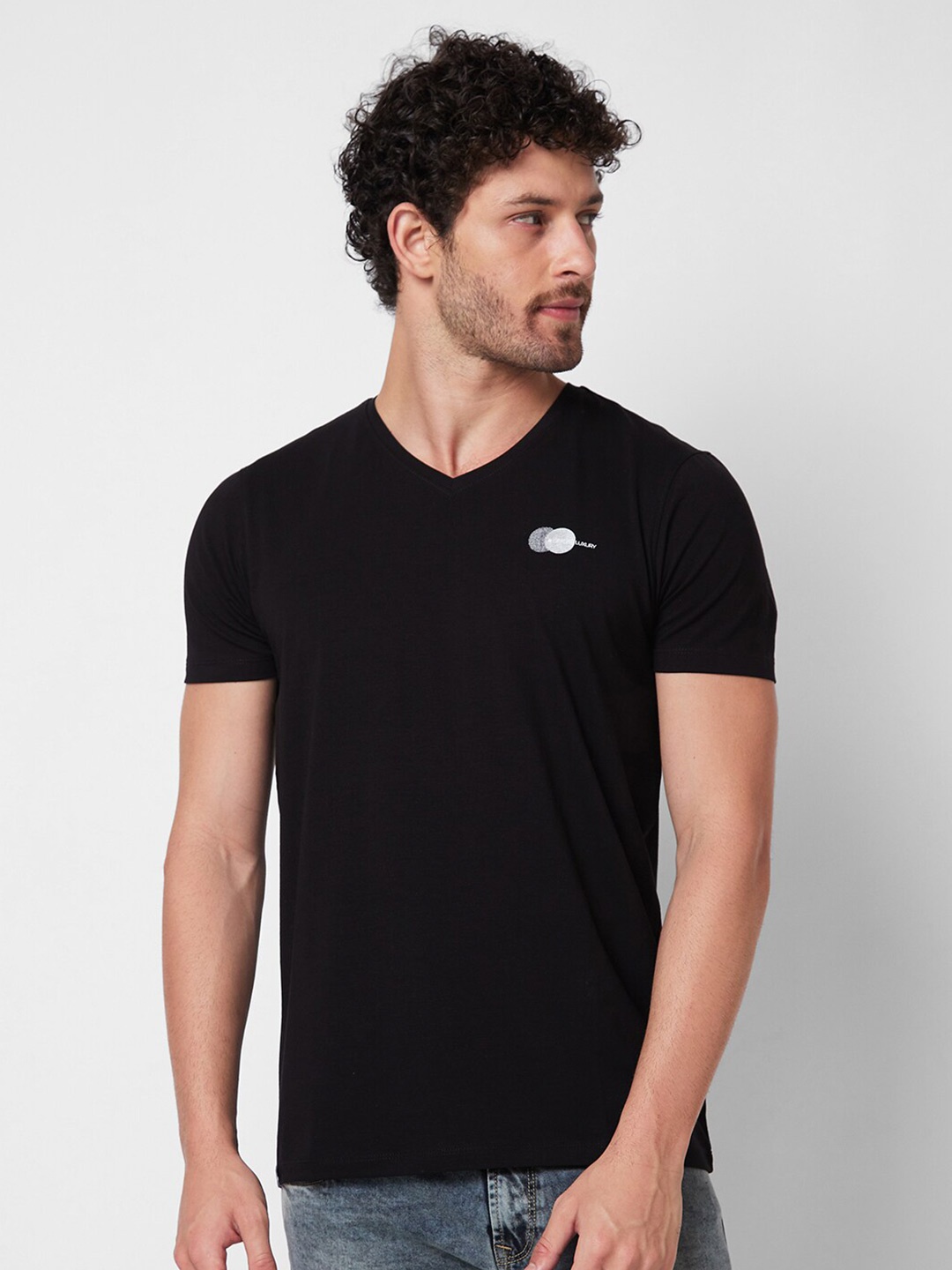 

SPYKAR V-Neck Short Sleeves Cotton Typographic Print Slim Fit T-shirt, Black