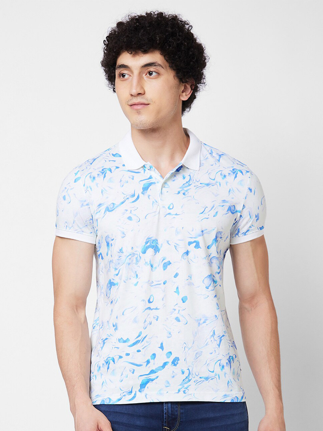 

SPYKAR Printed Polo Collar Short Sleeves Slim Fit Cotton T-shirt, White