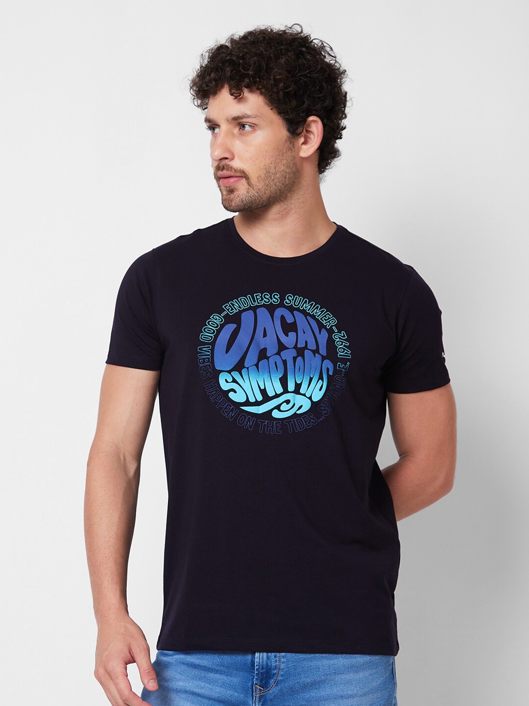 

SPYKAR Round Neck Short Sleeves Typography Printed Slim Fit Cotton T-shirt, Blue
