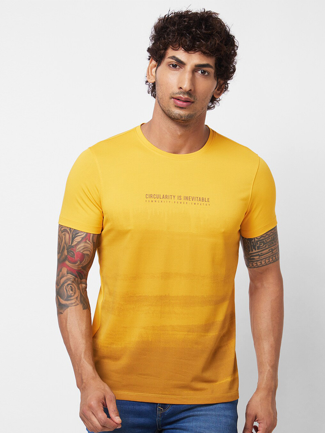 

SPYKAR Round Neck Short Sleeves Typography Printed Cotton Slim Fit T-shirt, Yellow