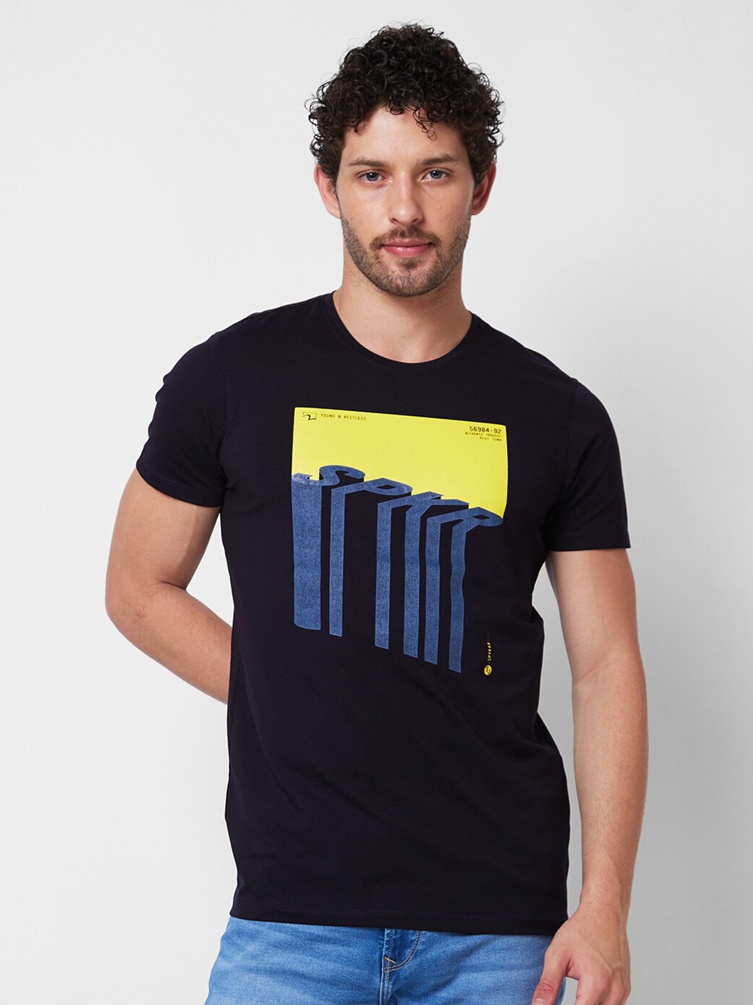 

SPYKAR Round Neck Short Sleeves Abstract Printed Cotton Slim Fit T-shirt, Blue