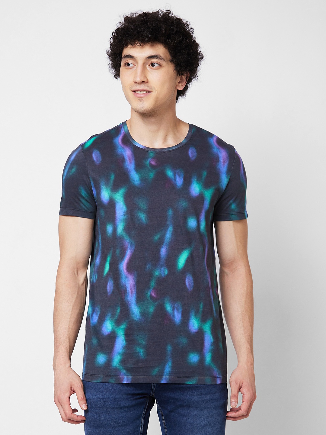 

SPYKAR Round Neck Short Sleeves Floral Printed Slim Fit Cotton T-shirt, Black
