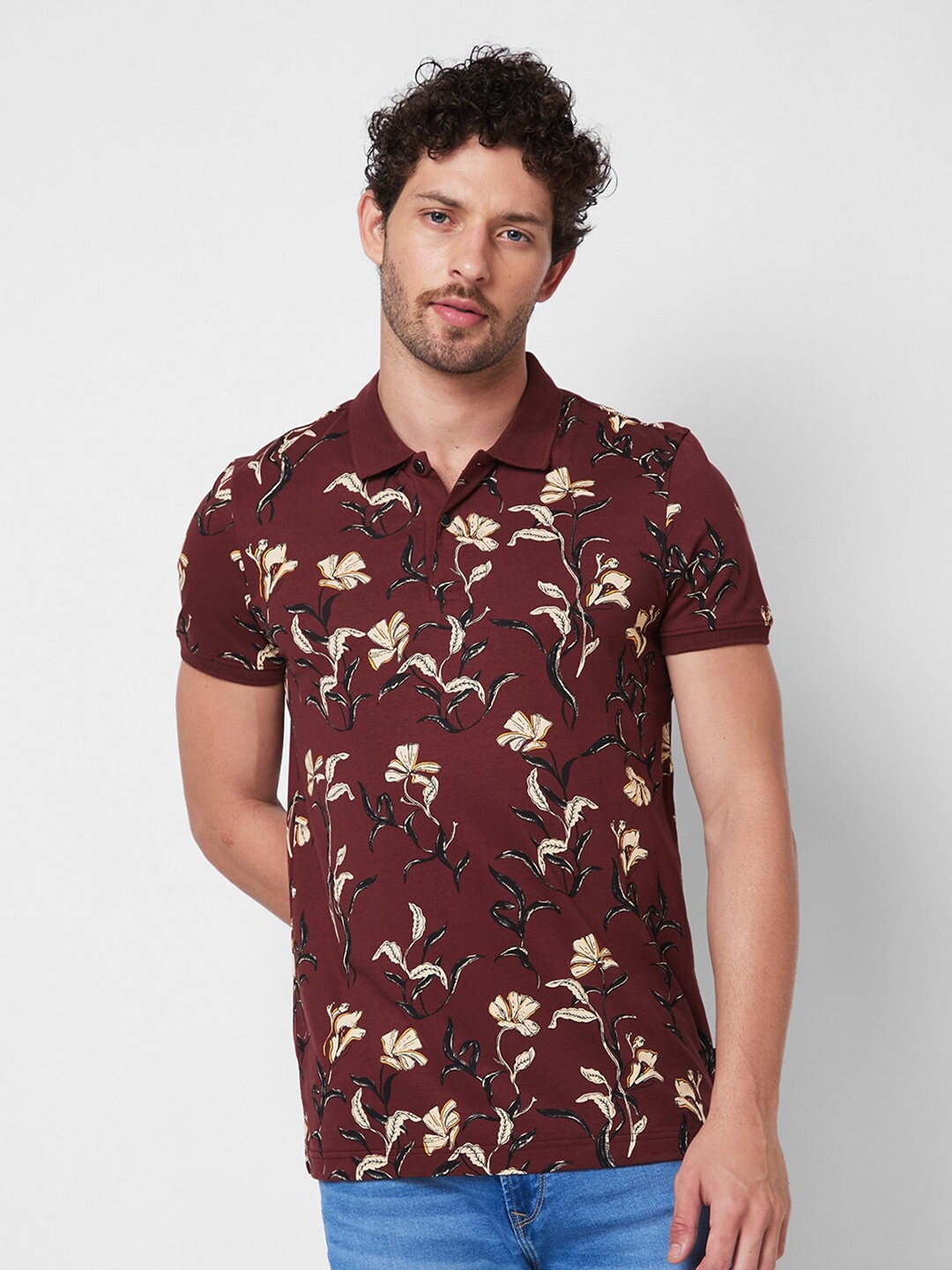 

SPYKAR Polo Collar Short Sleeves Floral Printed Cotton Slim Fit T-shirt, Red