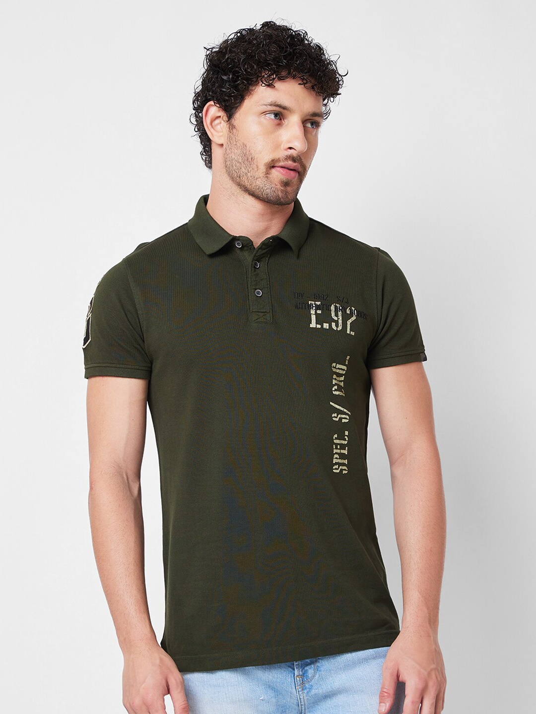 SPYKAR Typography Printed Polo Collar Cotton Slim Fit T-shirt, Green