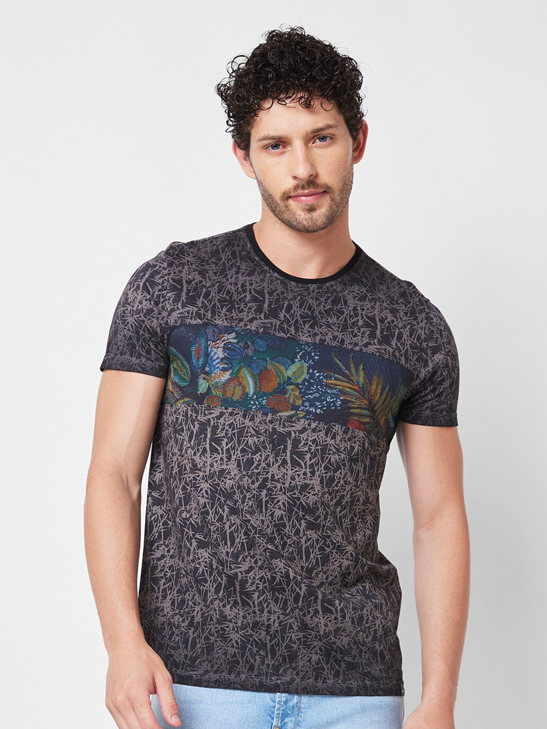 

SPYKAR Typography Printed Cotton Slim Fit T-shirt, Grey