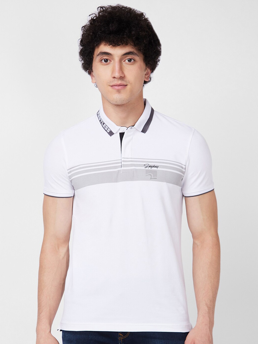 

SPYKAR Self Design Polo Collar Cotton Slim Fit T-shirt, White