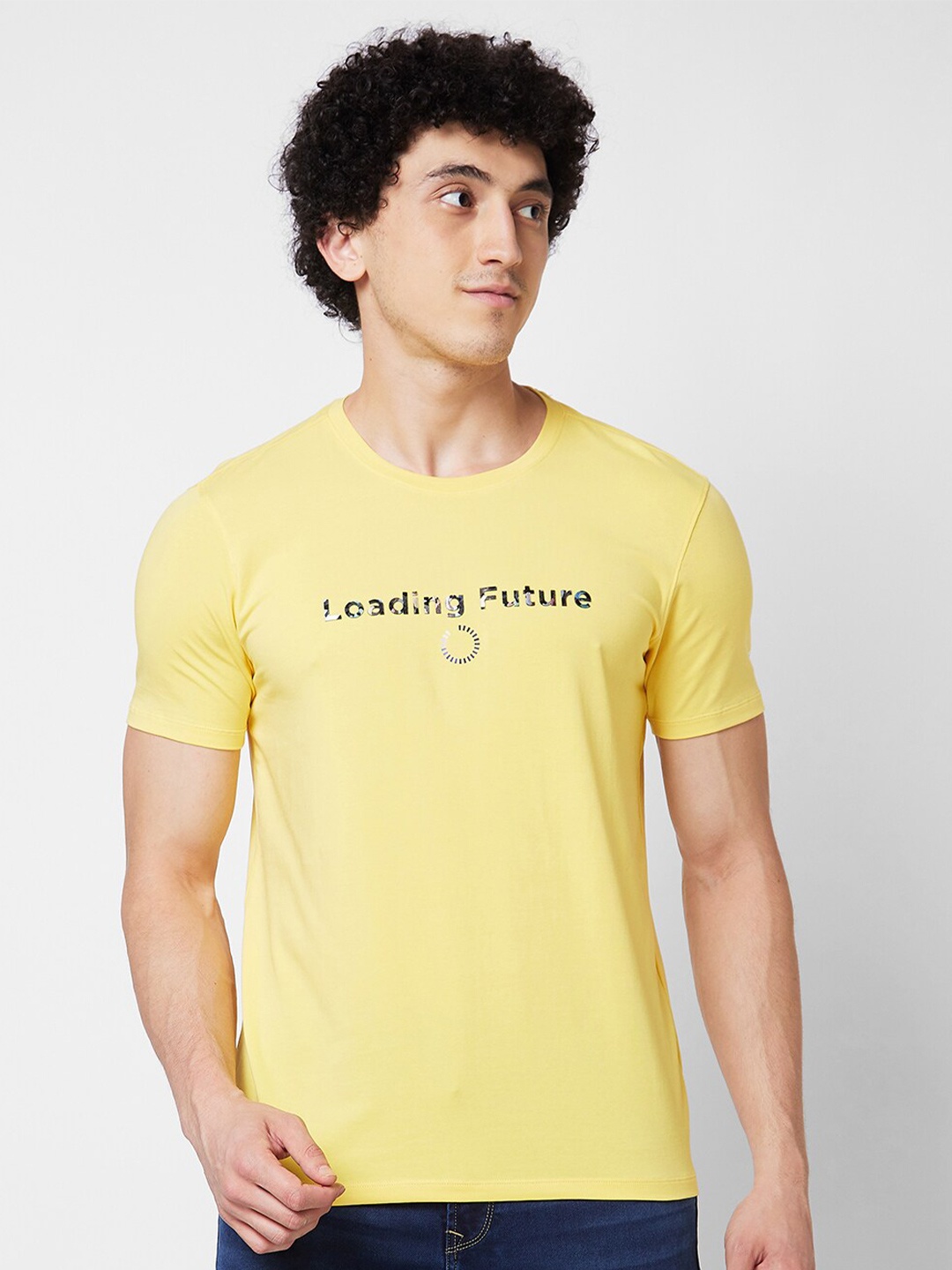 

SPYKAR Typography Printed Cotton Slim Fit T-shirt, Yellow