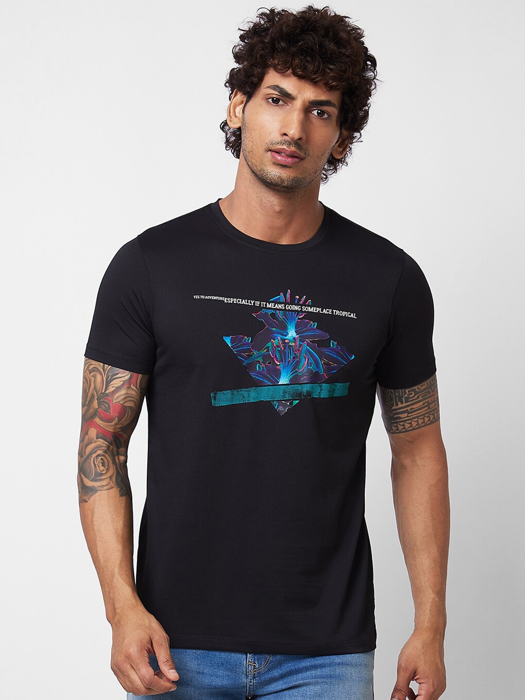 

SPYKAR Graphic Printed Round Neck Cotton Slim Fit T-shirt, Black