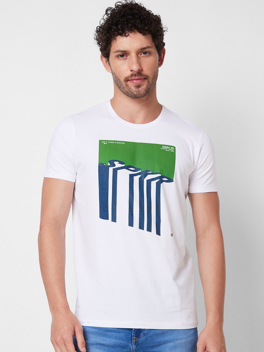 SPYKAR Graphic Printed Round Neck Cotton Slim Fit T-shirt, White