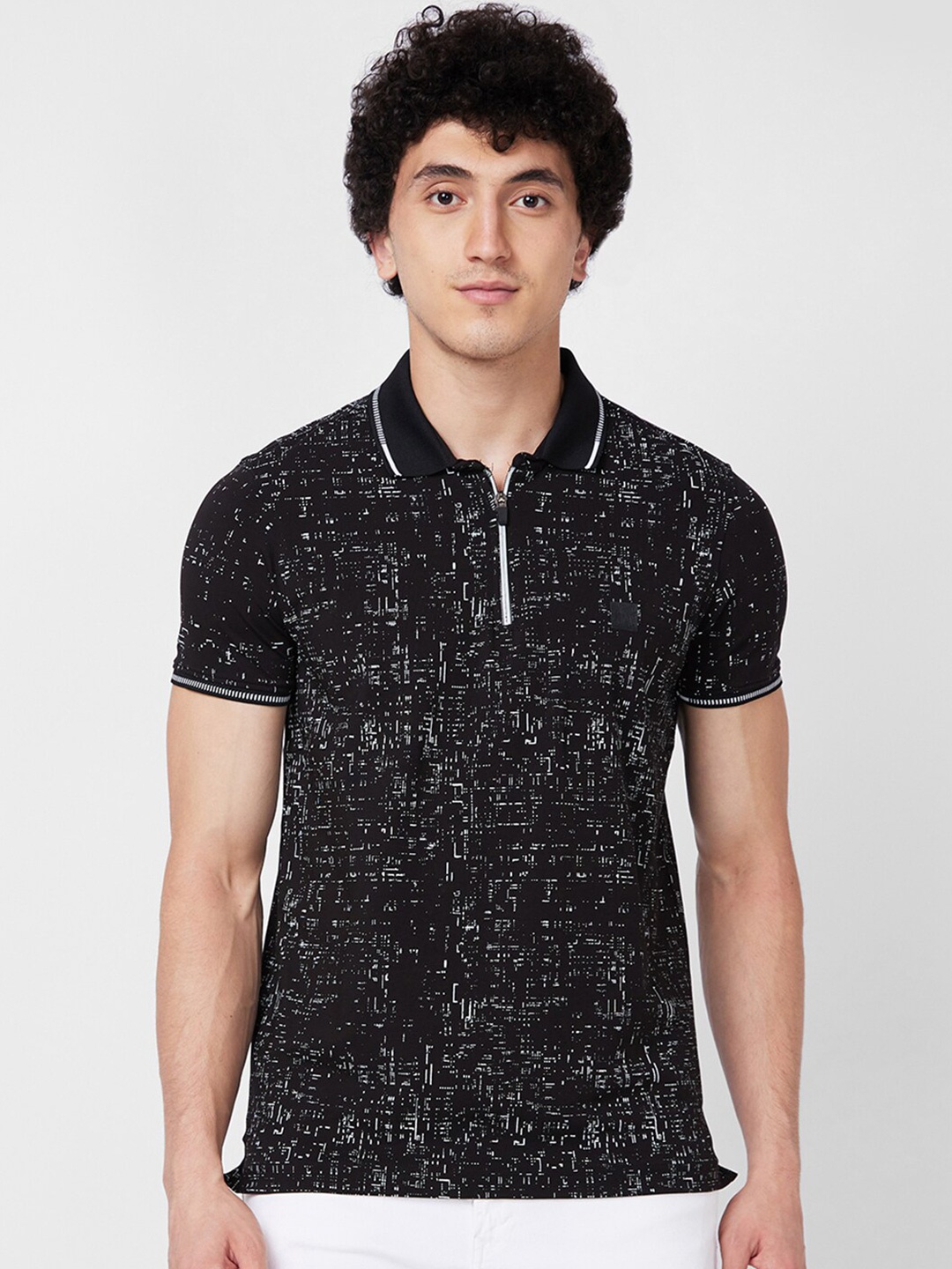 

SPYKAR Polo Collar Short Sleeves Abstract Print Cotton Slim Fit T-shirt, Black