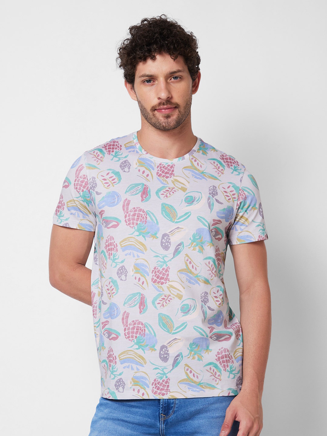 

SPYKAR Floral Printed Slim Fit Cotton T-shirt, Grey