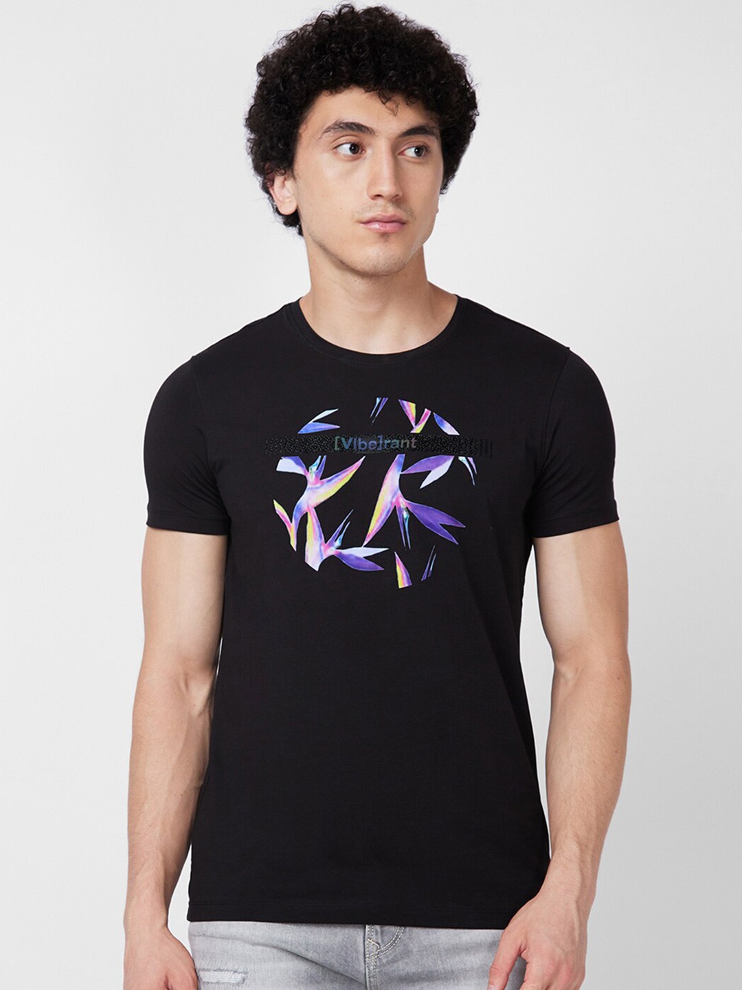 

SPYKAR Round Neck Short Sleeves Printed Slim Fit Cotton T-shirt, Black