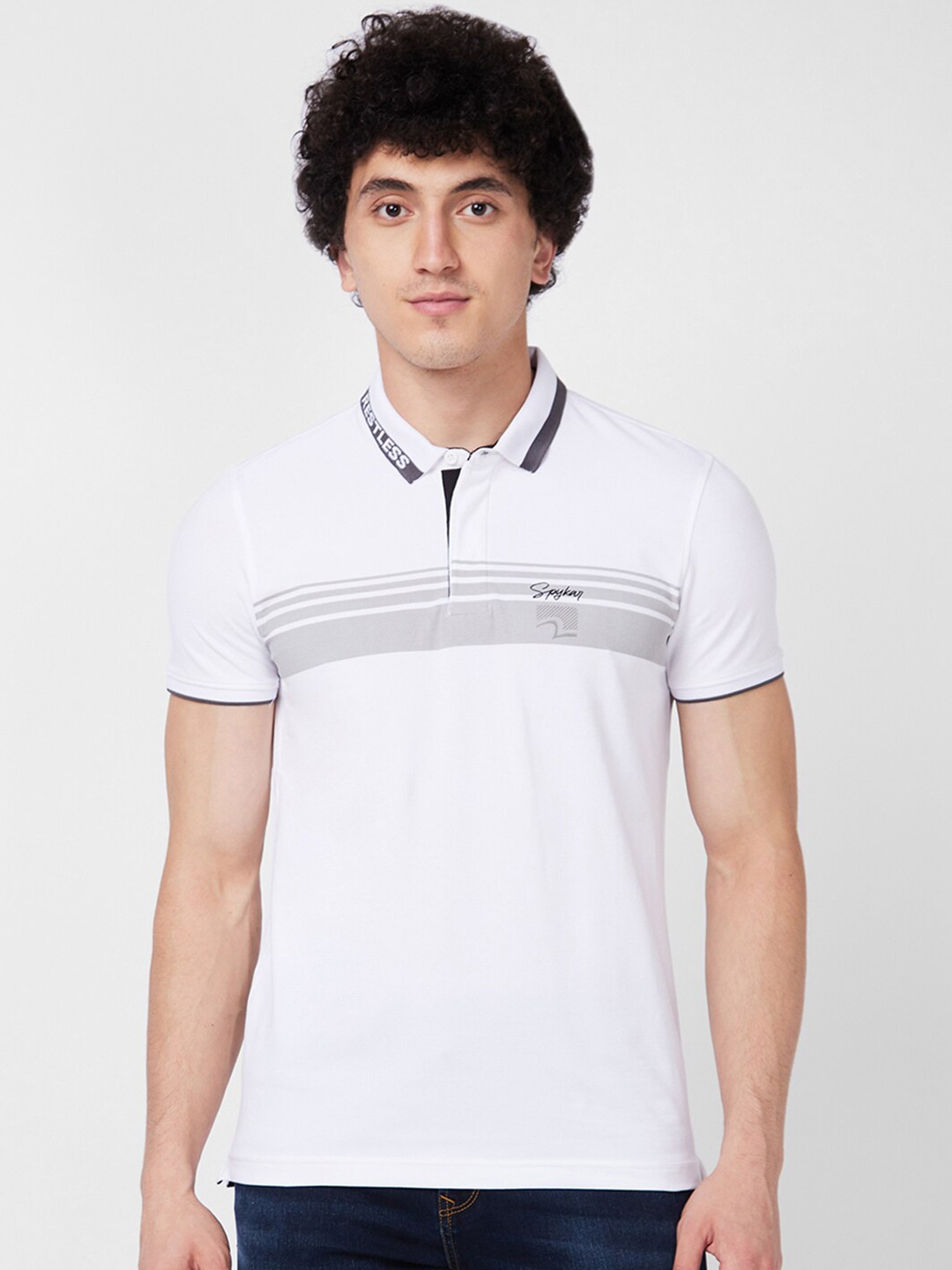 

SPYKAR Striped Polo Collar Slim Fit T-shirt, White