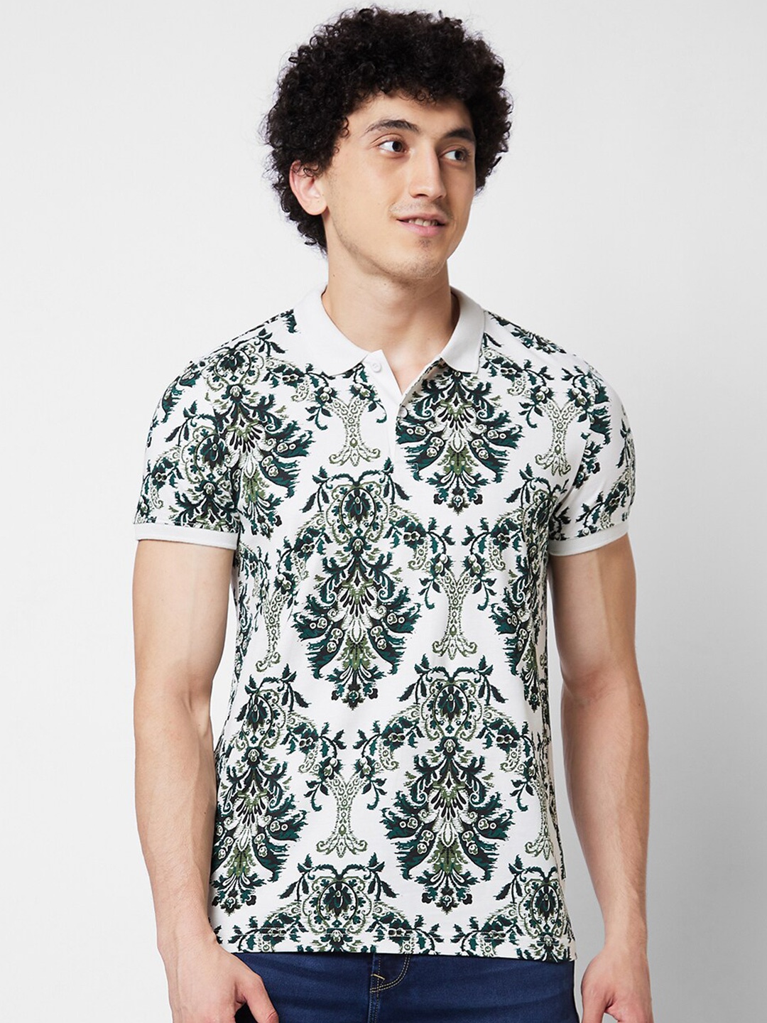 

SPYKAR Ethnic Motifs Printed Polo Collar Slim Fit T-shirt, Green