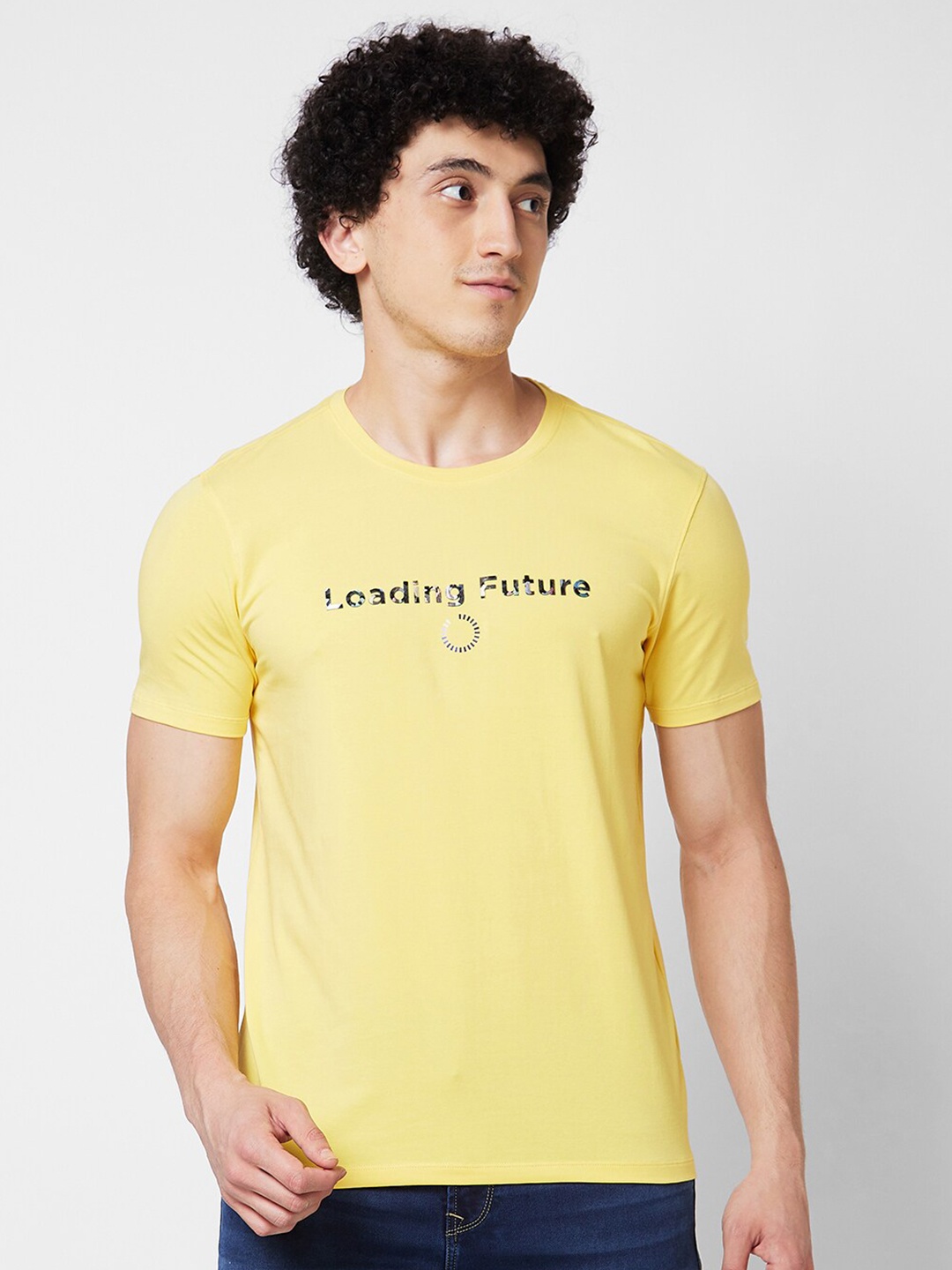 

SPYKAR Typography Printed Round Neck Slim Fit T-shirt, Yellow
