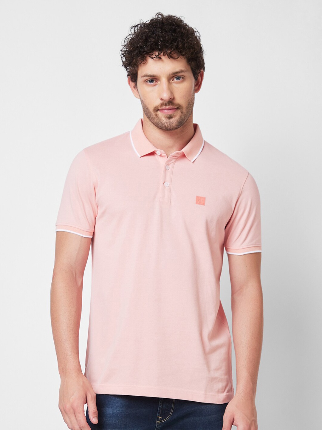 

SPYKAR Polo Collar Short Sleeves Slim Fit Cotton T-shirt, Peach